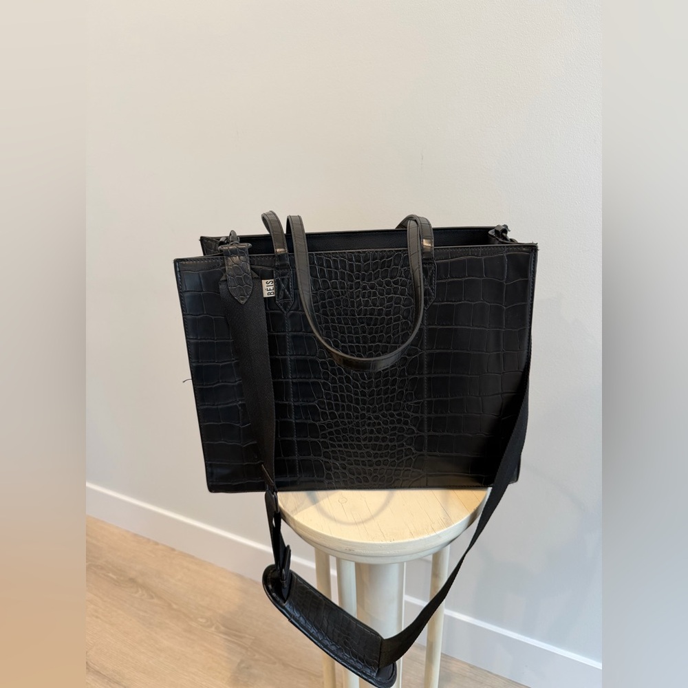 BEIS Black Croc-Embossed Tote Bag – Structured Work/Travel - Picture 3 of 11